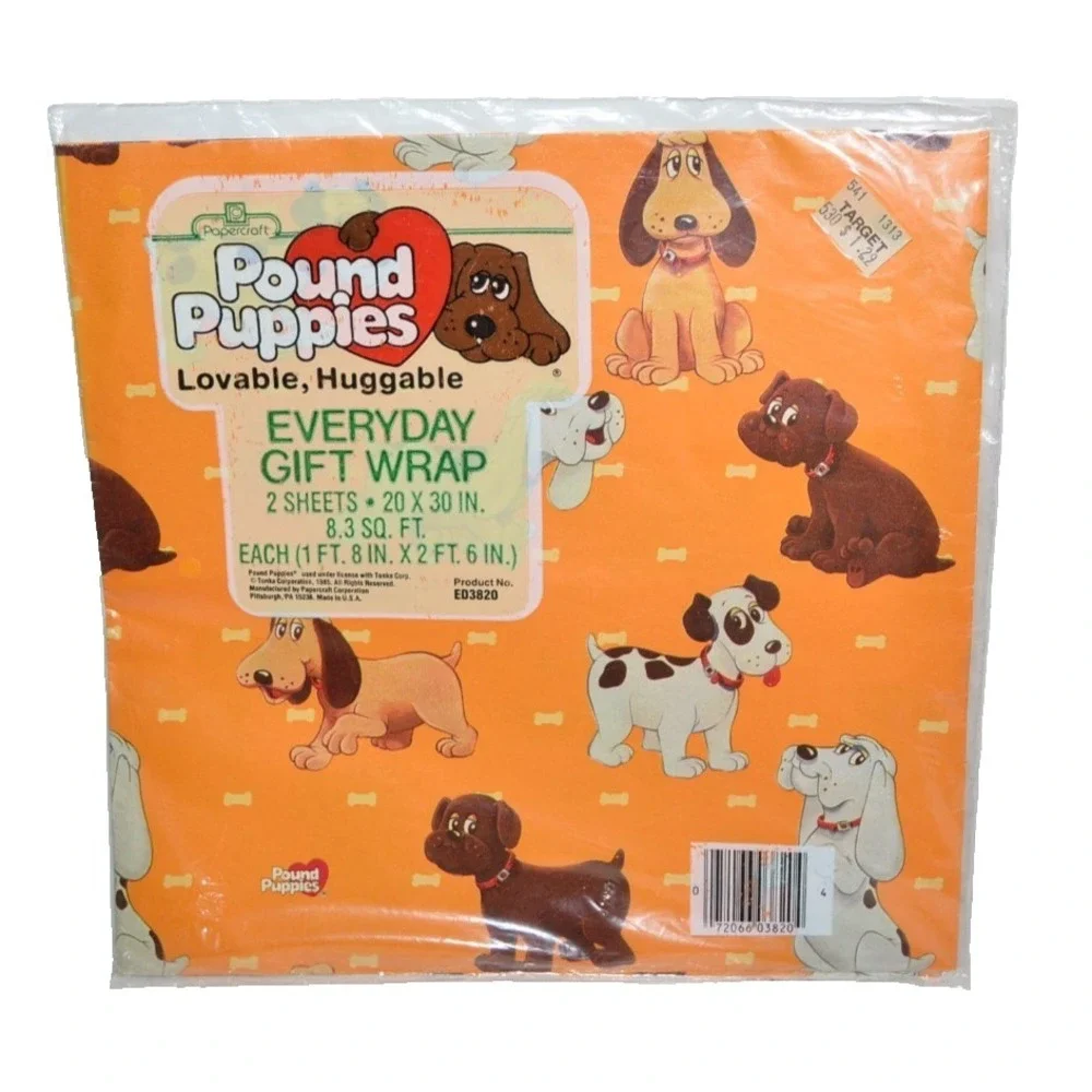 Vtg Pound Puppies 1985 Gift wrap paper (2 sheets) Birthday Party Supplies Tonka